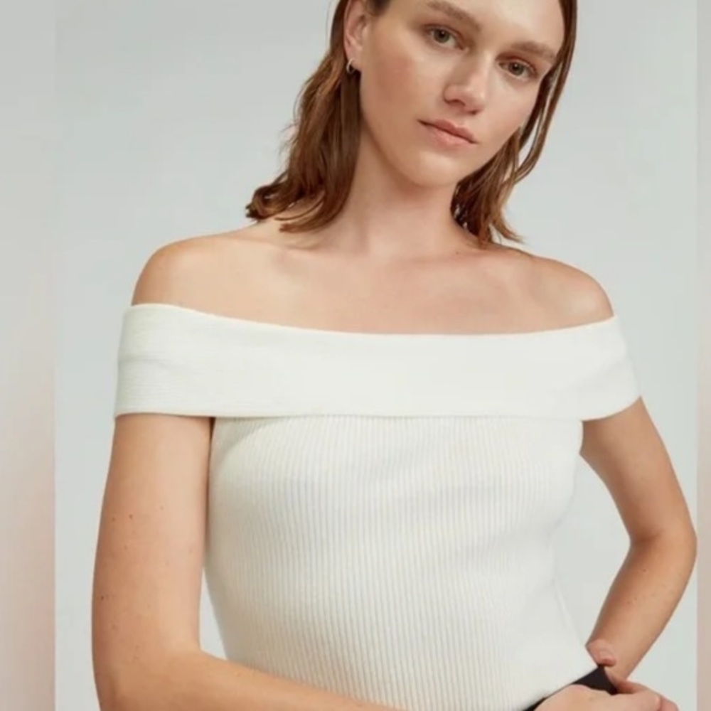 Everlane Off-Shoulder Ribbed White/ Cream Sweater Top Large NWT organic cotton